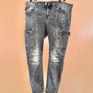 ZARA Men's Moto Zip Ankle Black Washed Denim Skinny Jeans - Size 36